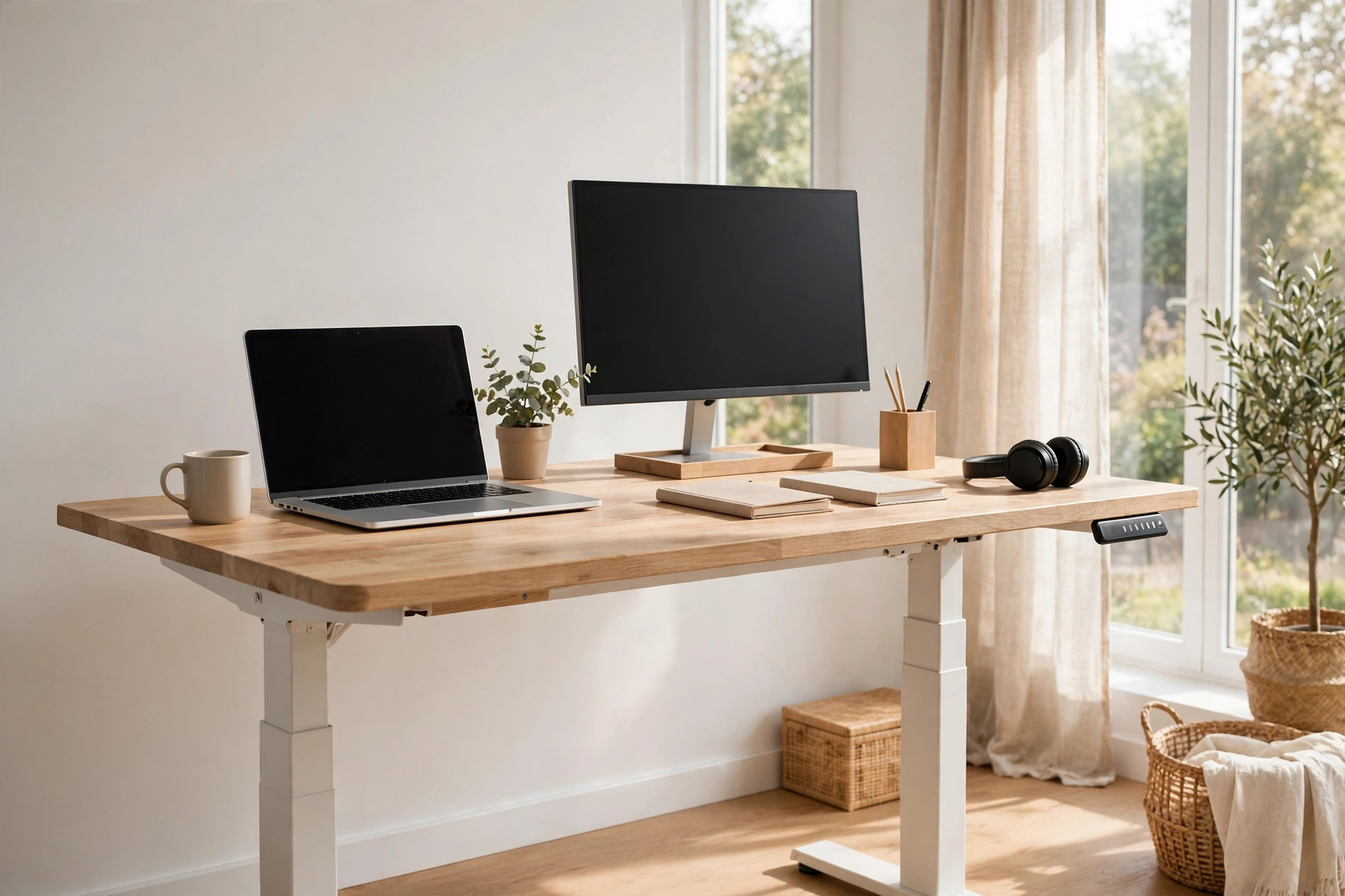 A minimalist wooden standing desk setup with a monitor and laptop