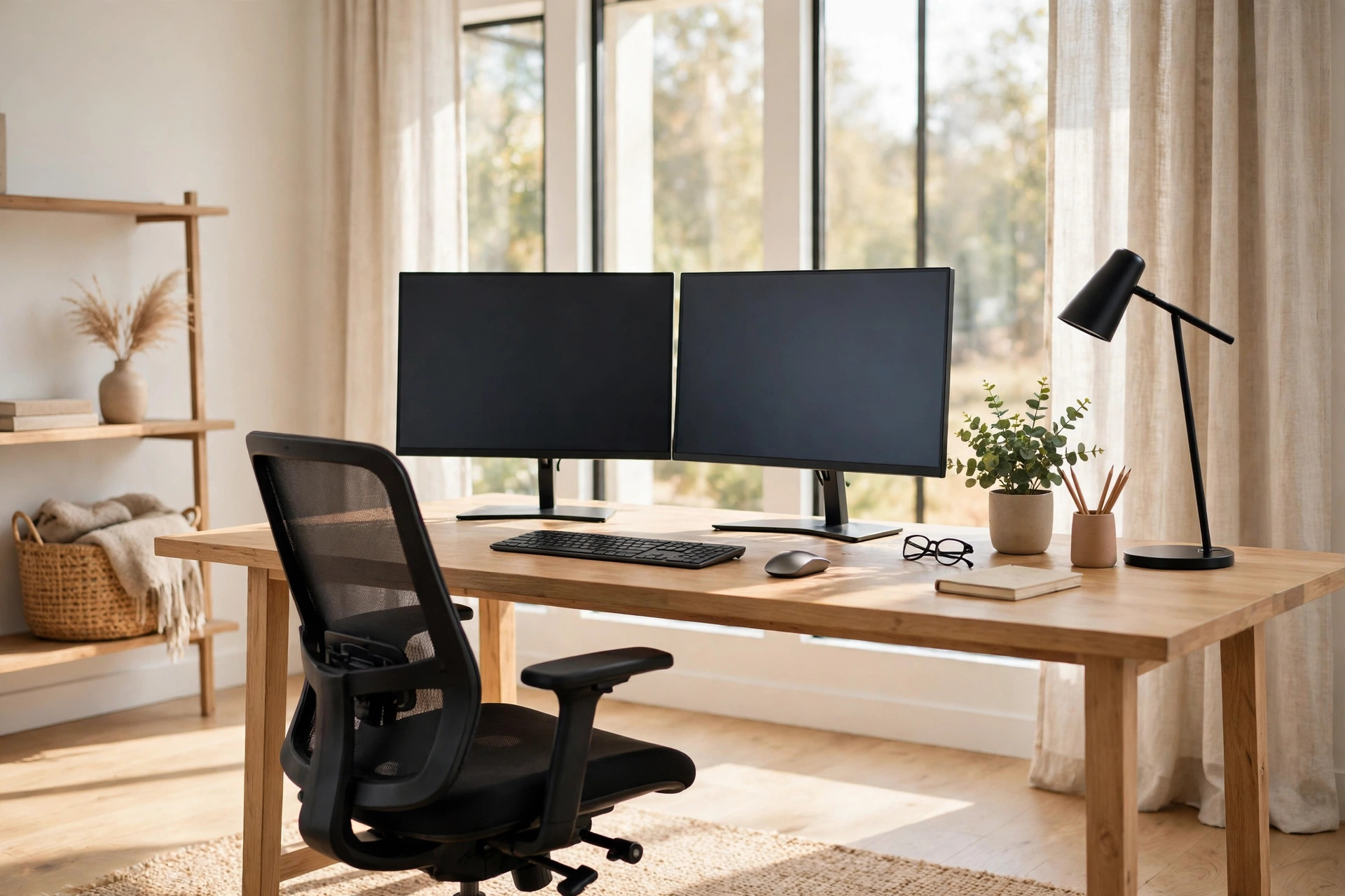 A bright modern home office with a wooden desk, dual monitors and an ergonomic chair